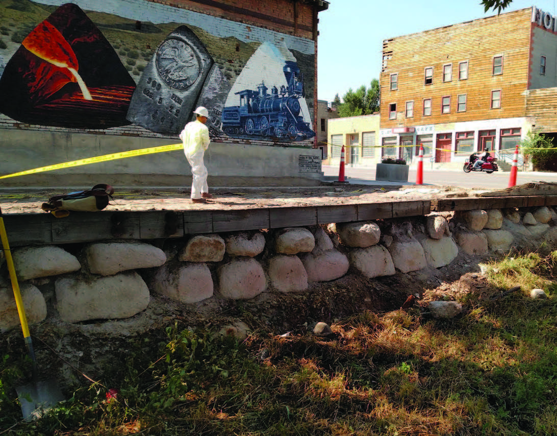 Clean-up efforts at the remains of a historic-era hotel in downtown Eureka, Nevada