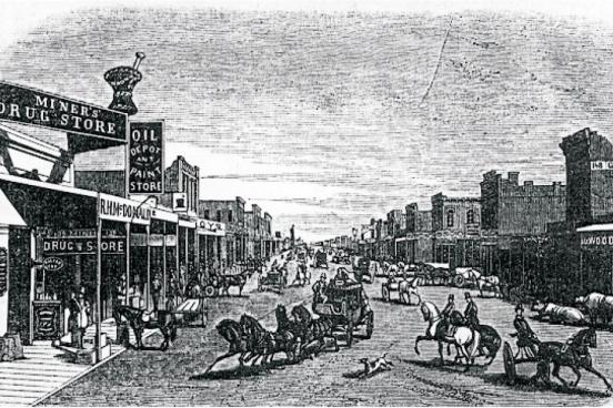 View down bustling J Street in Sacramento, 1854 J Street, Sacramento, 1854