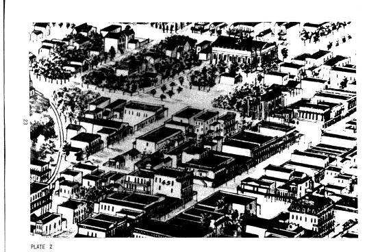 Lithograph of the I-J-5-6 block in 1869, looking northeast 1869 lithograph