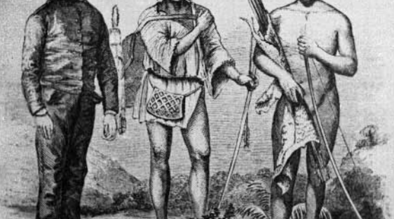 alt="19th century impression of Native Californians"