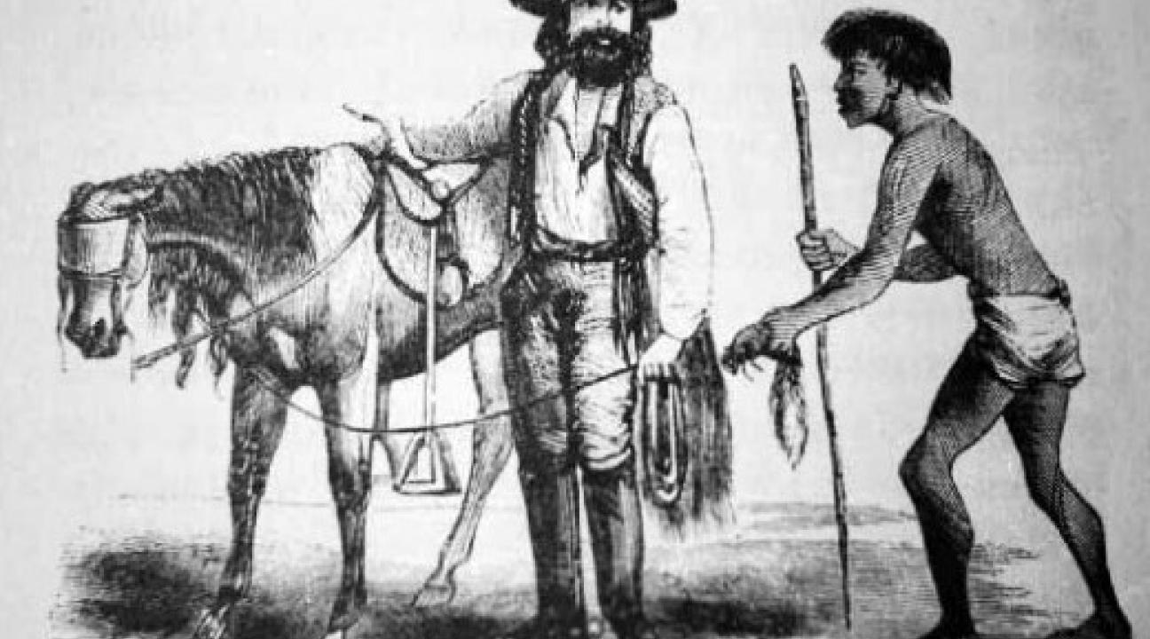 alt="Jose Ramon Carillo of the Santa Rosa de Cabeza Rancho with an Indian worker, drawn in 1850"