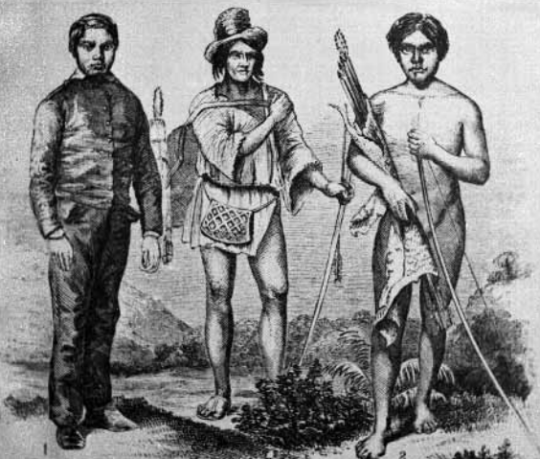 alt="19th century impression of Native Californians"