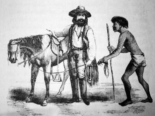 alt="Jose Ramon Carillo of the Santa Rosa de Cabeza Rancho with an Indian worker, drawn in 1850"